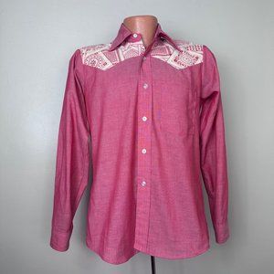 Vintage 1970s Red Western Shirt with Bandana Print Yoke, James Davis Size Small